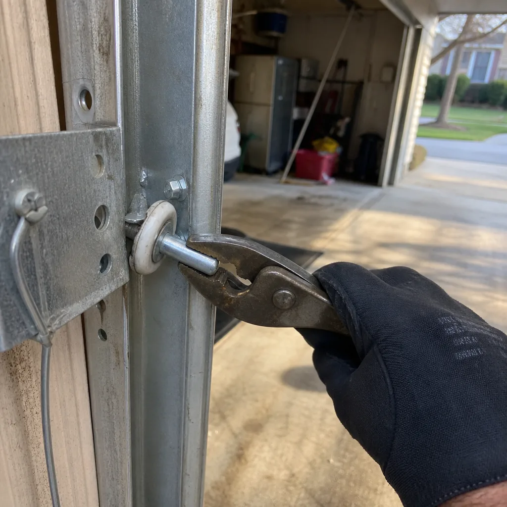 Technician repairing a garage door roller with pliers.
