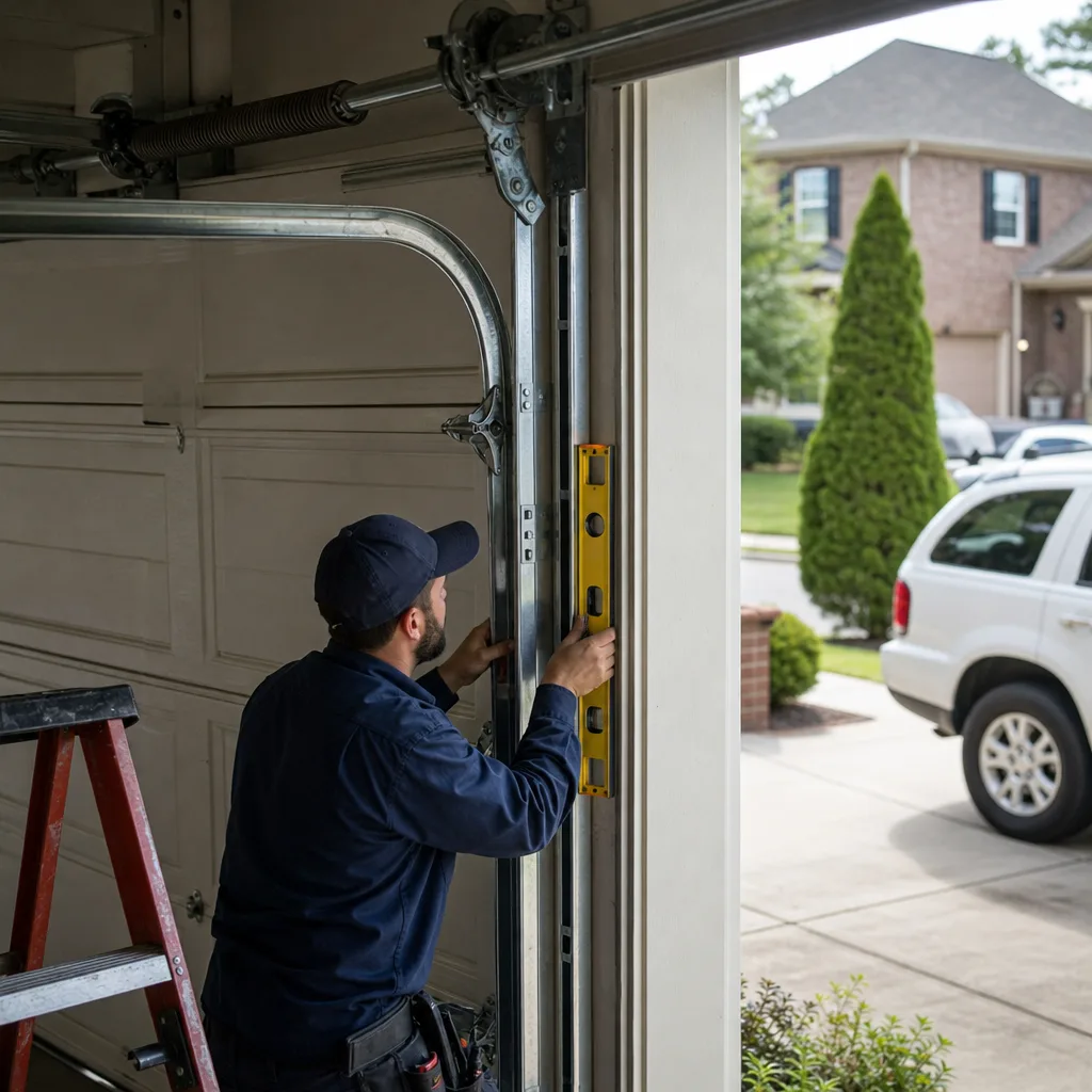 Technician using a level to install a residential garage door track