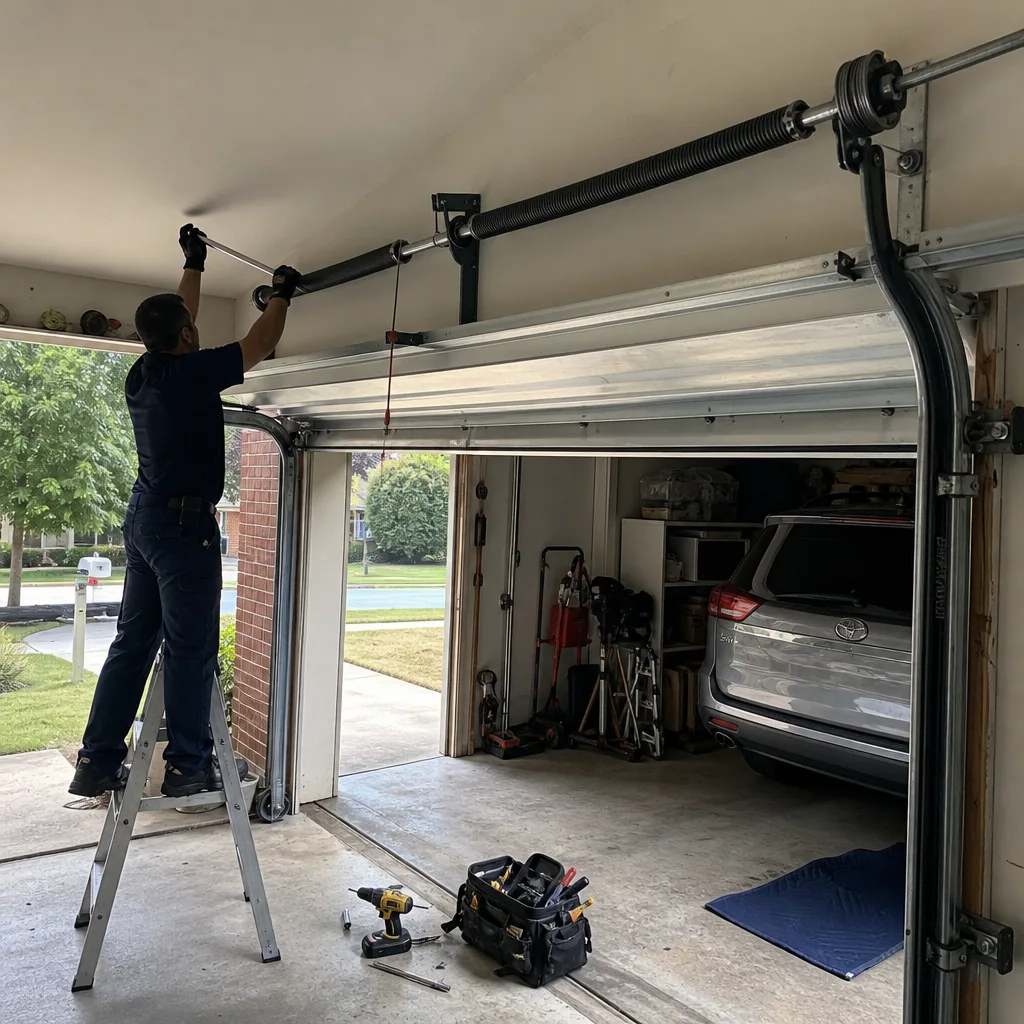 Professional technician performing garage door spring repair