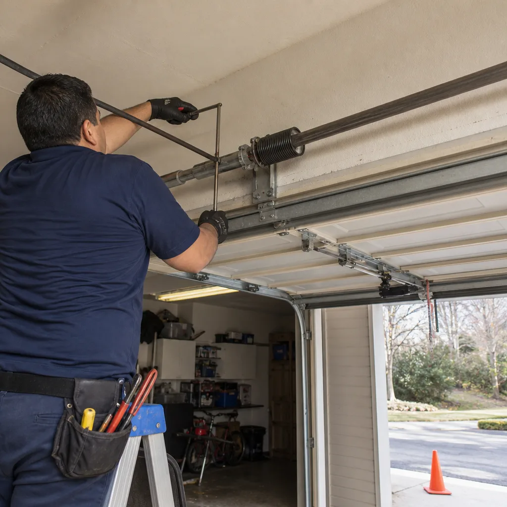 Technician performing professional garage door spring repair and maintenance