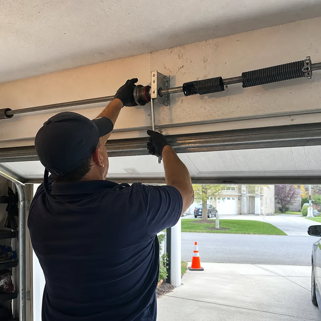 Technician performing professional garage door spring repair and maintenance