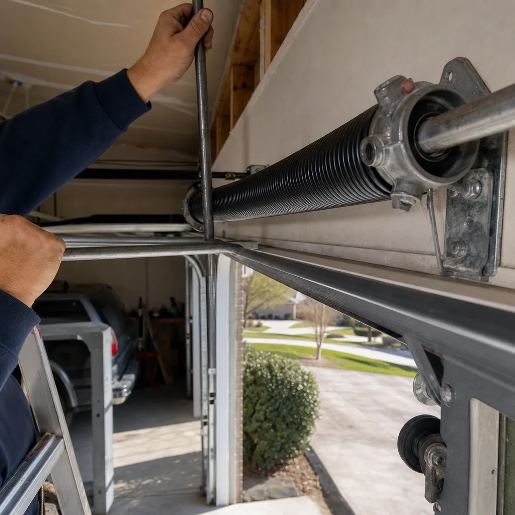 Technician performing professional garage door spring repair